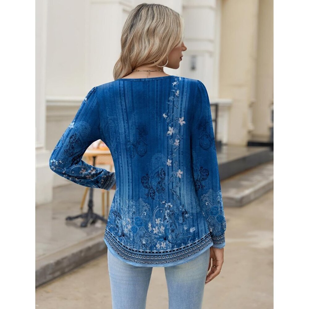 Long Sleeve Shirt for Women Polyester Spandex Floral V Neck Casual Top - Picture 6 of 6